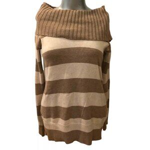 Banana Republic Button Cowl Neck Sweater Ivory Tan Striped Medium 8 - 10